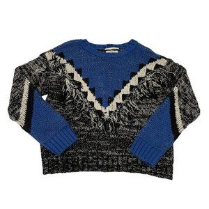 Anthropologie Retro Colorblock Fringe Pullover Knit Sweater Blue Black sz Small